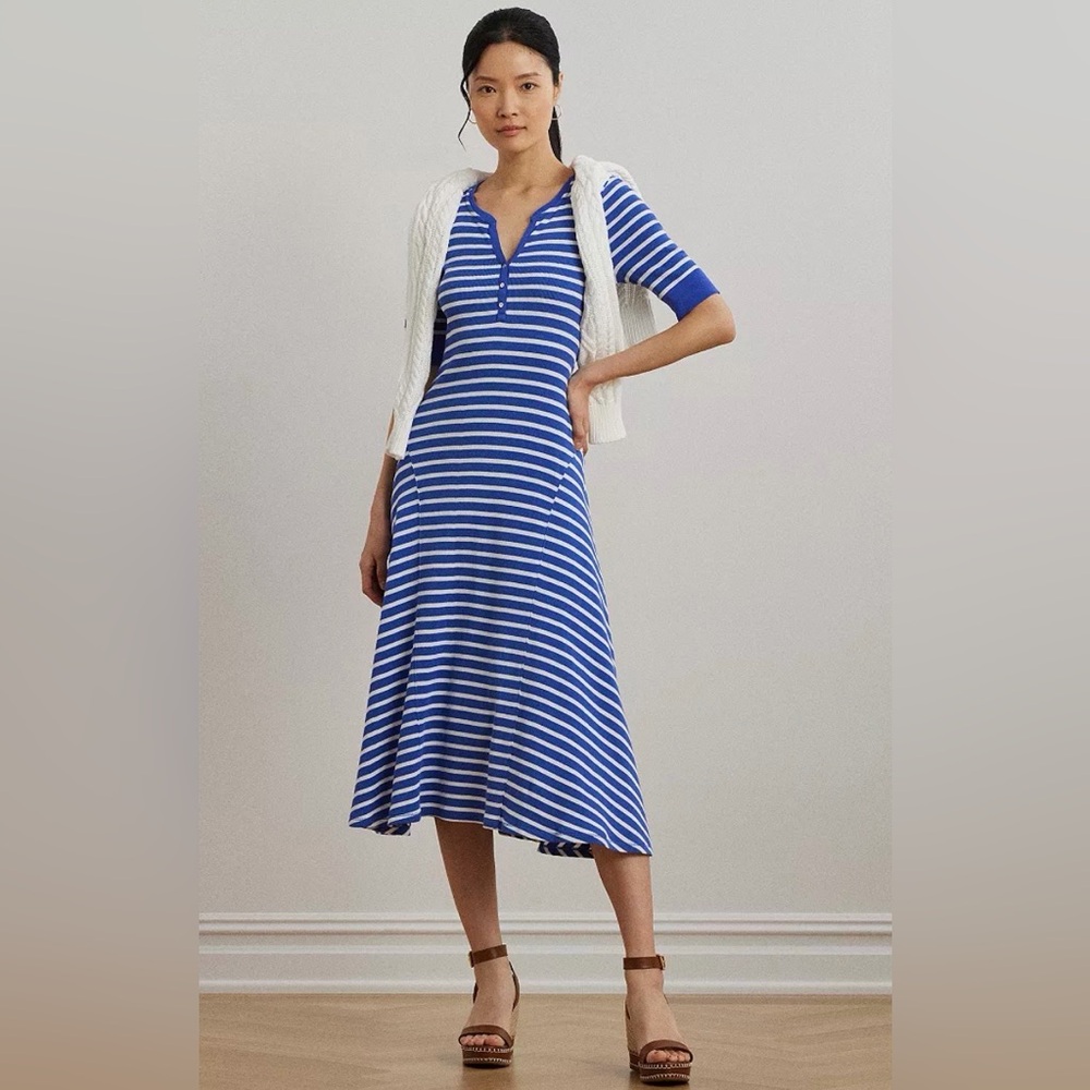 Lauren Ralph Lauren Striped Waffle-Knit Cotton Henley Dress Midi Blue White Sz M